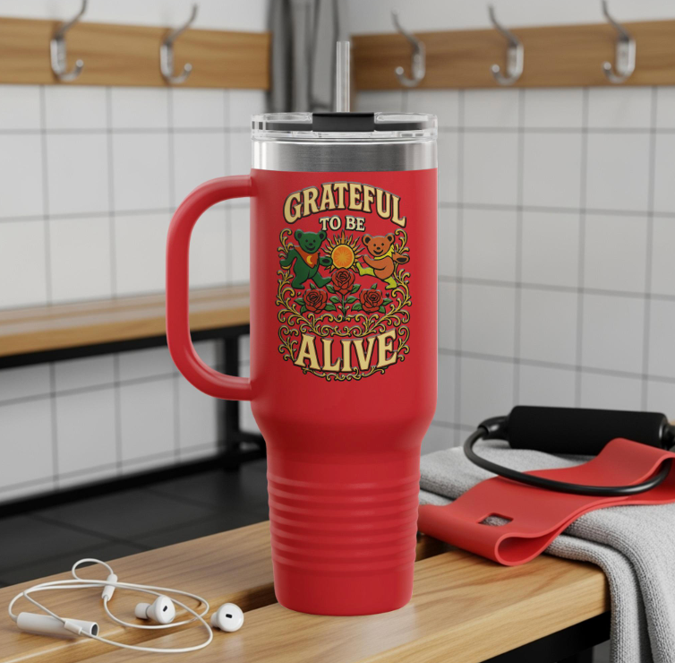 Grateful To Be Alive tumbler in Red - gym lifestyle mockup