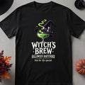 Black t-shirt with "Witch's Brew Halloween Bartender" and asking for the special.