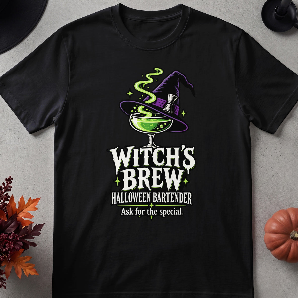 Black t-shirt with "Witch's Brew Halloween Bartender" and asking for the special.