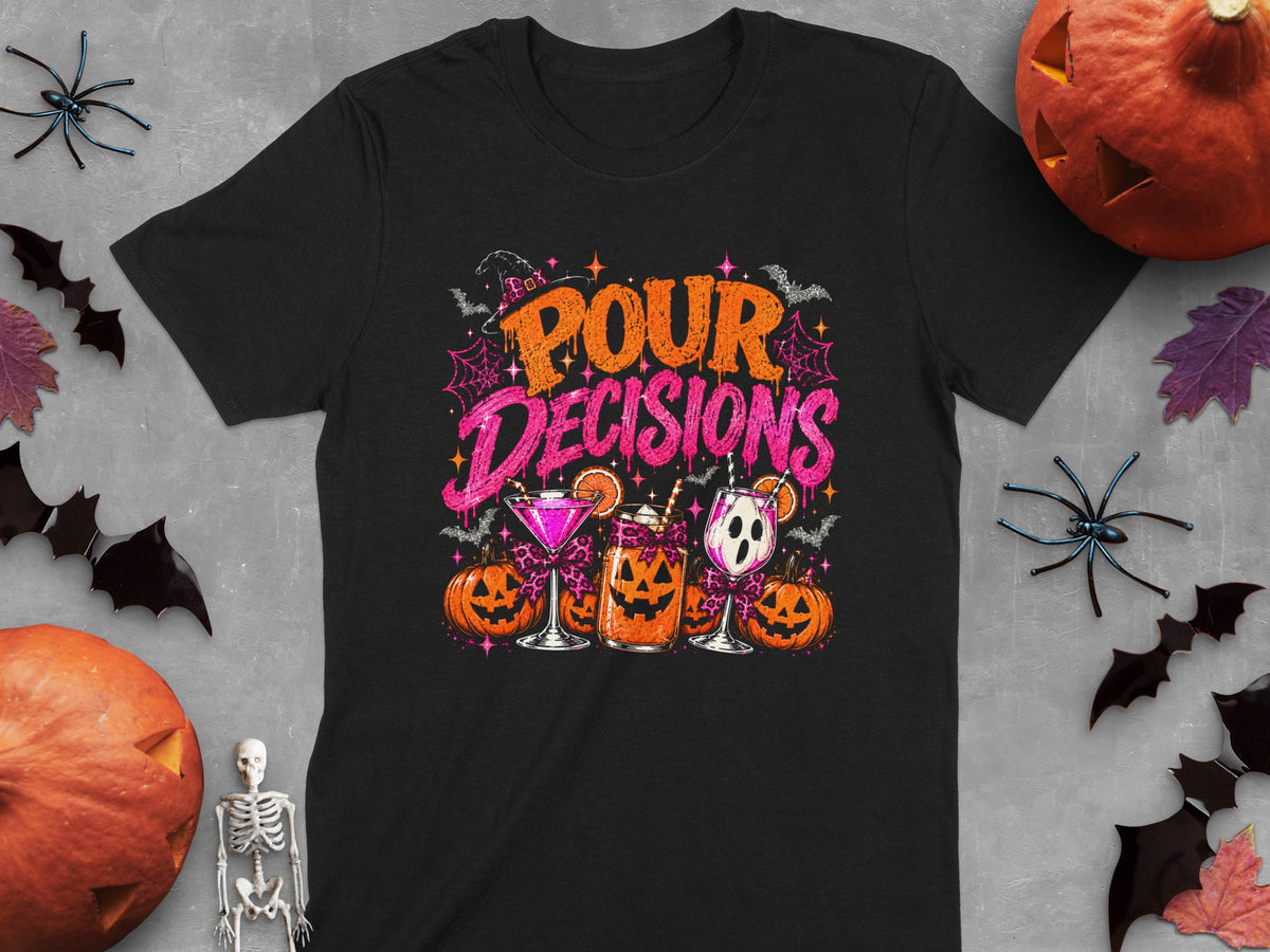 Black t-shirt with "Pour Decisions" text and Halloween-themed drinks and pumpkins.