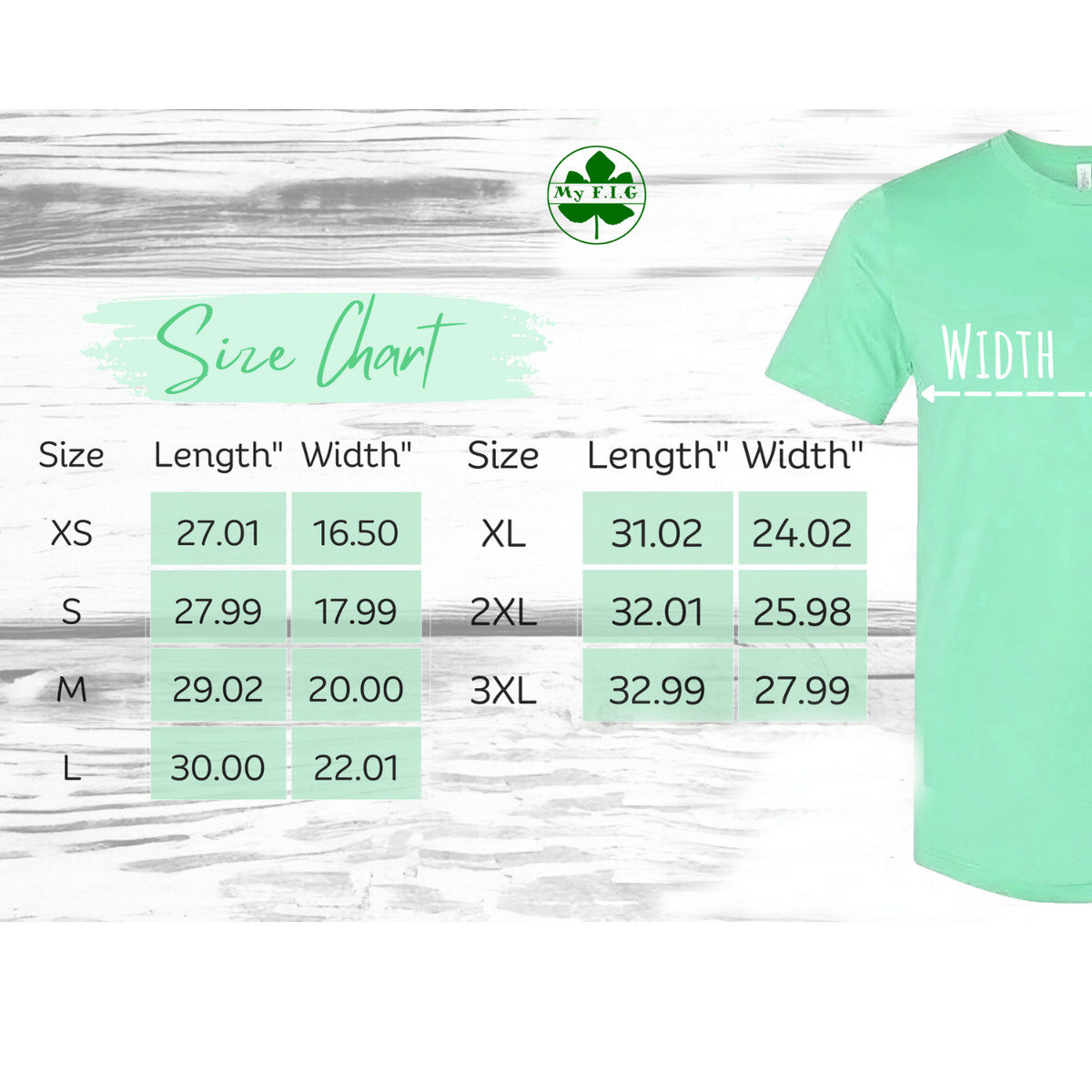 T-shirt size chart with length and width measurements for XS through 3XL.