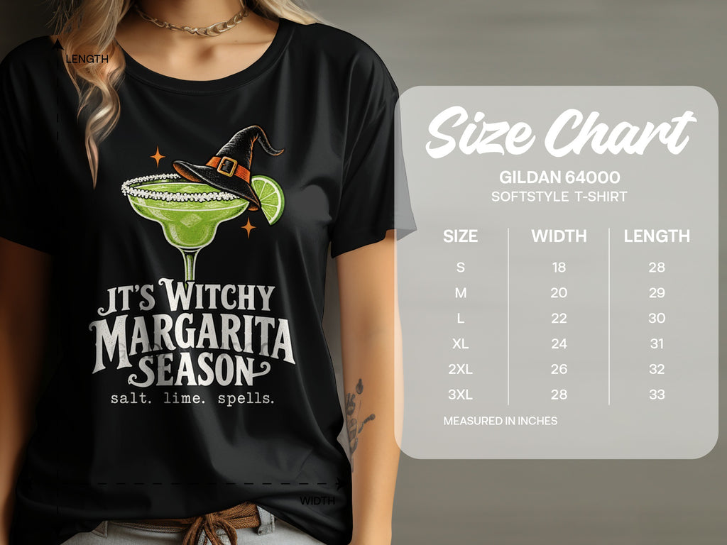 Black t-shirt with "It's Witchy Margarita Season" text and witch hat margarita graphic. Includes size chart.