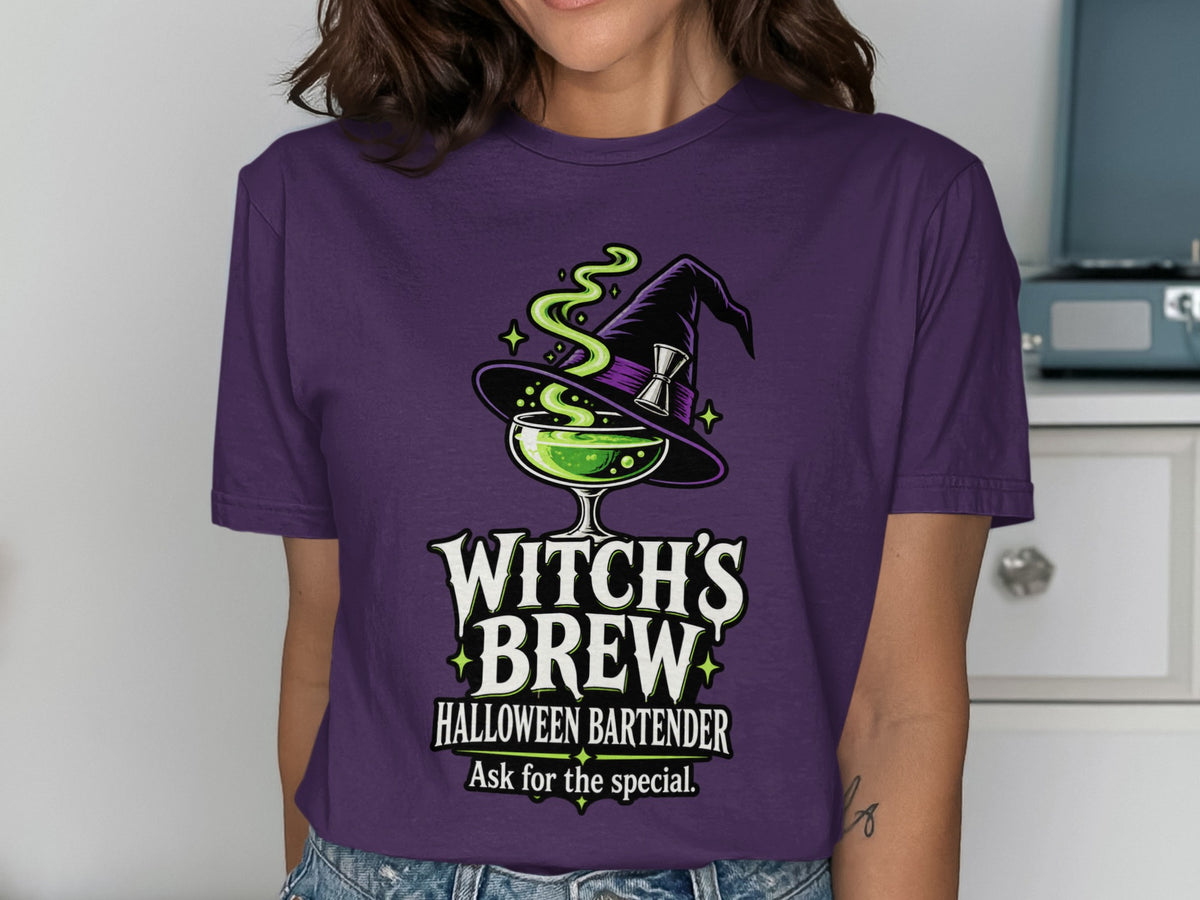 Witch's Brew Halloween Bartender graphic on a purple t-shirt.