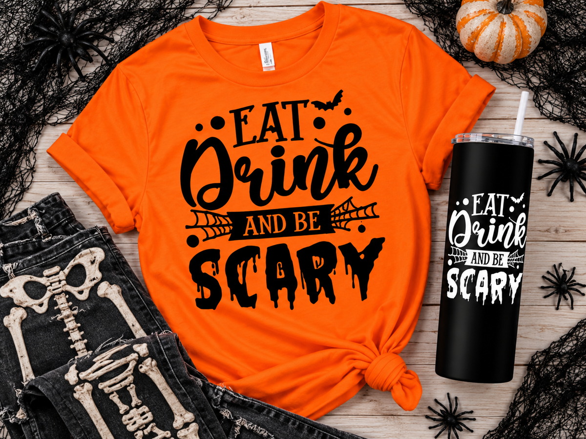 Orange t-shirt and black tumbler with "Eat Drink And Be Scary" Halloween theme.