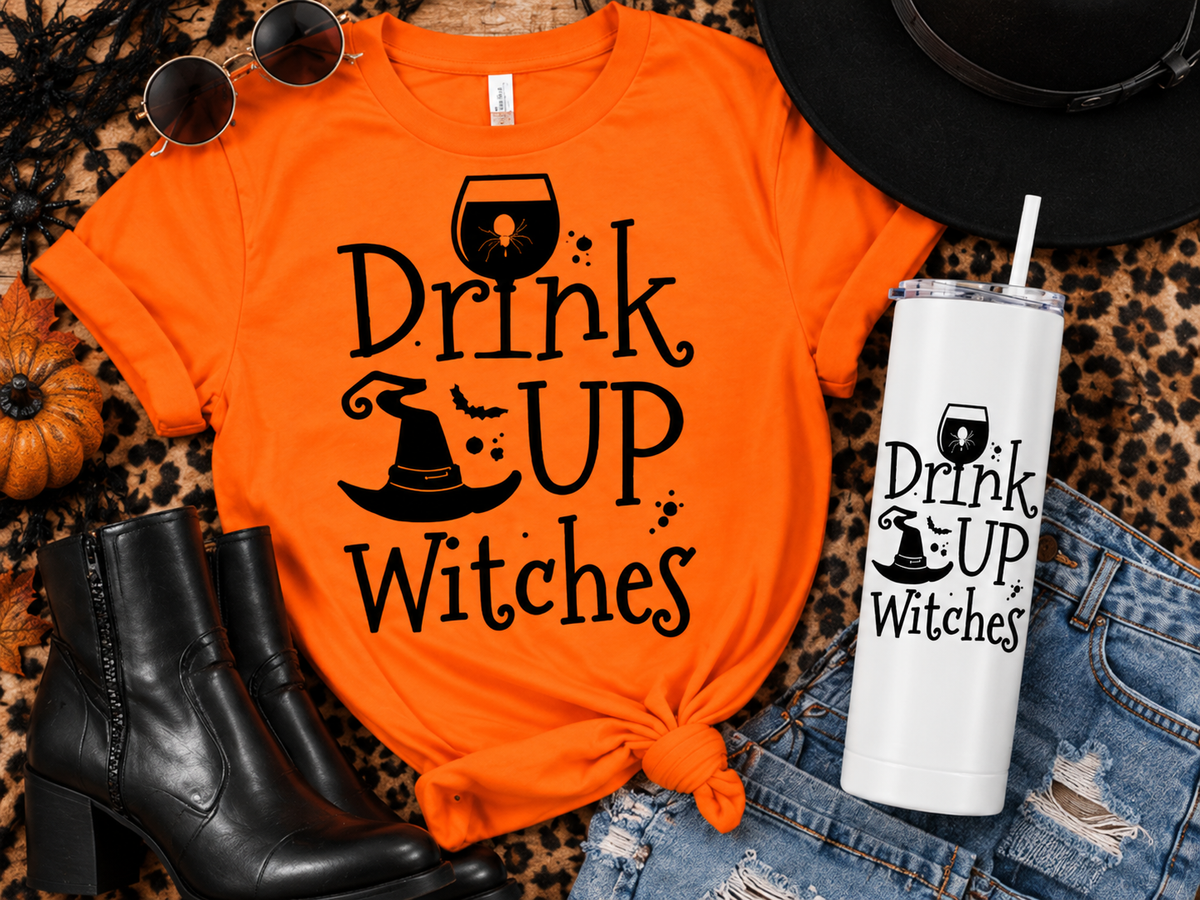 Orange t-shirt and white tumbler with "Drink UP Witches" Halloween design.