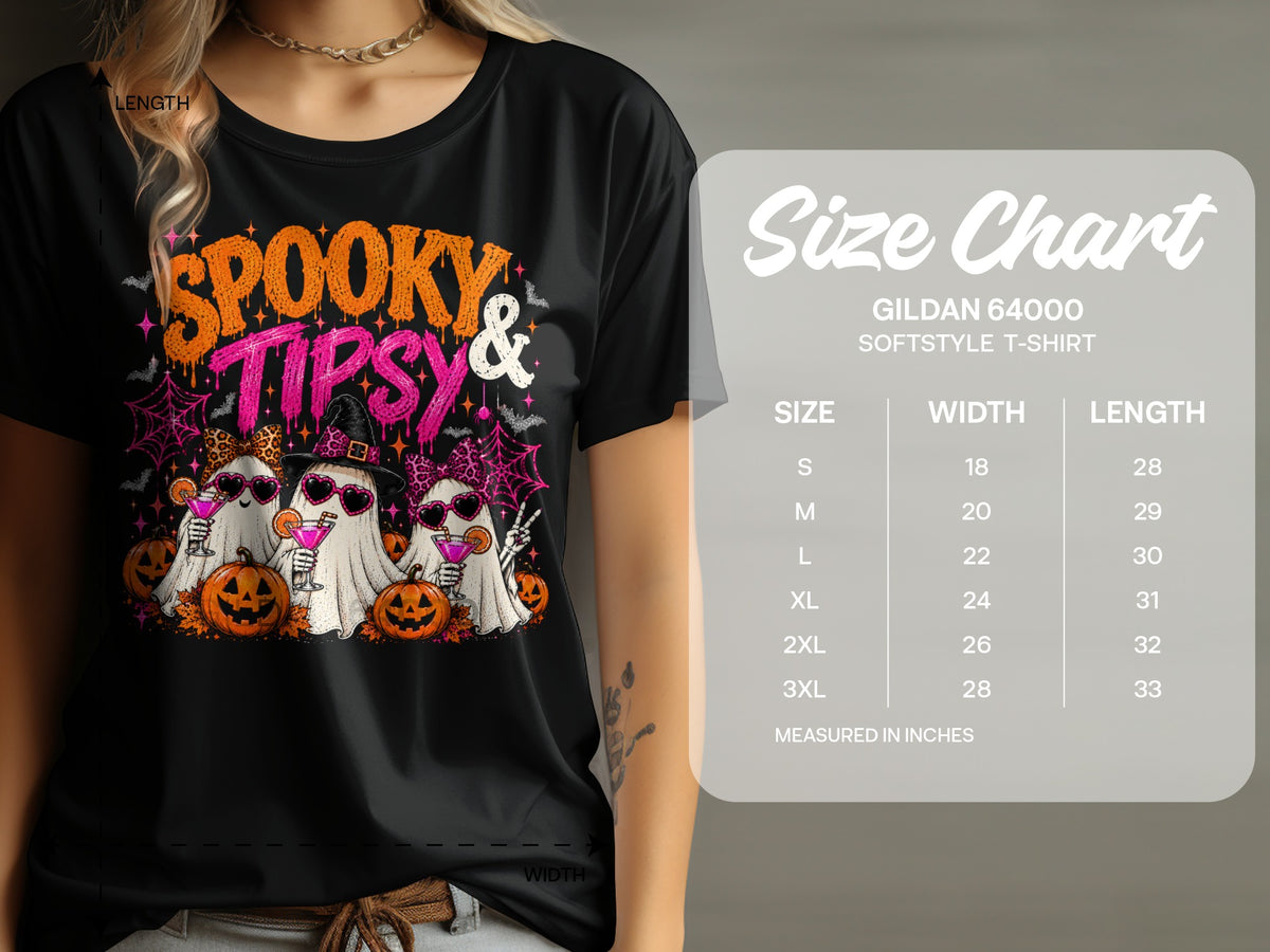 Black t-shirt with "Spooky & Tipsy" Halloween graphic and Gildan 64000 size chart.