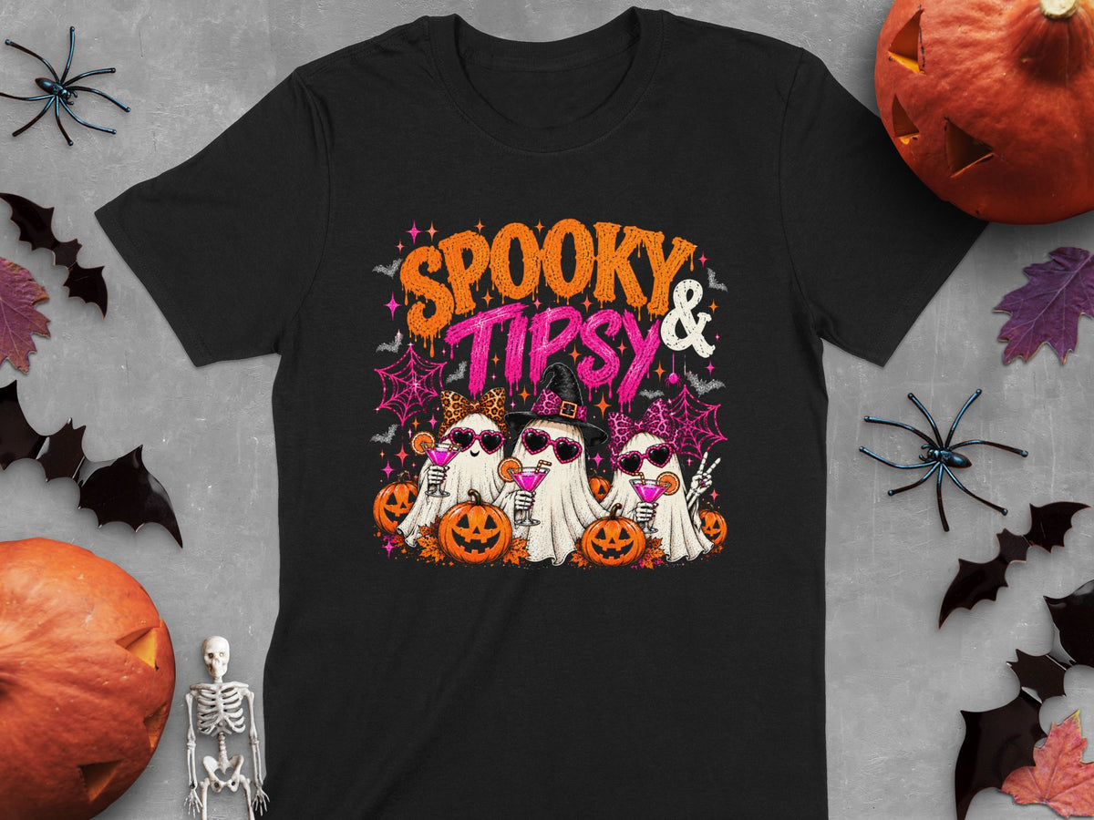Black t-shirt with "Spooky & Tipsy" text and three ghosts holding drinks.