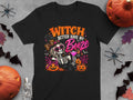 Black t-shirt with skeleton wearing heart sunglasses and holding a cocktail, text "Witch Better Have My Booze".