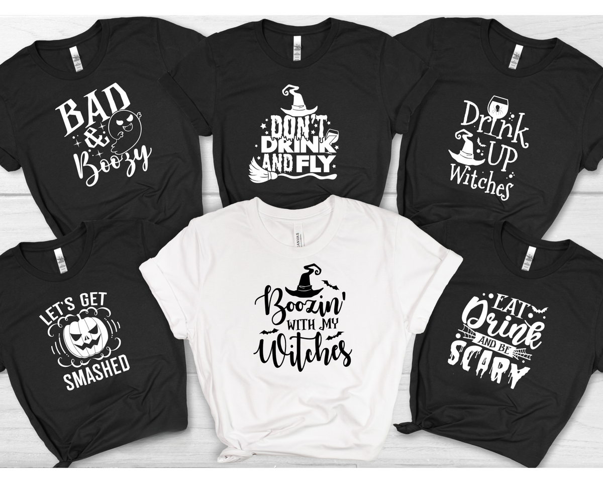 Halloween graphic t-shirts with phrases like "Bad & Boozy" and "Boozin' with My Witches."