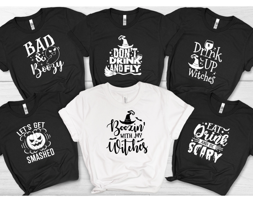 Halloween graphic t-shirts with phrases like "Bad & Boozy" and "Boozin' with My Witches."
