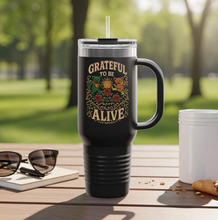 Grateful To Be Alive tumbler in Black - outdoor lifestyle mockup