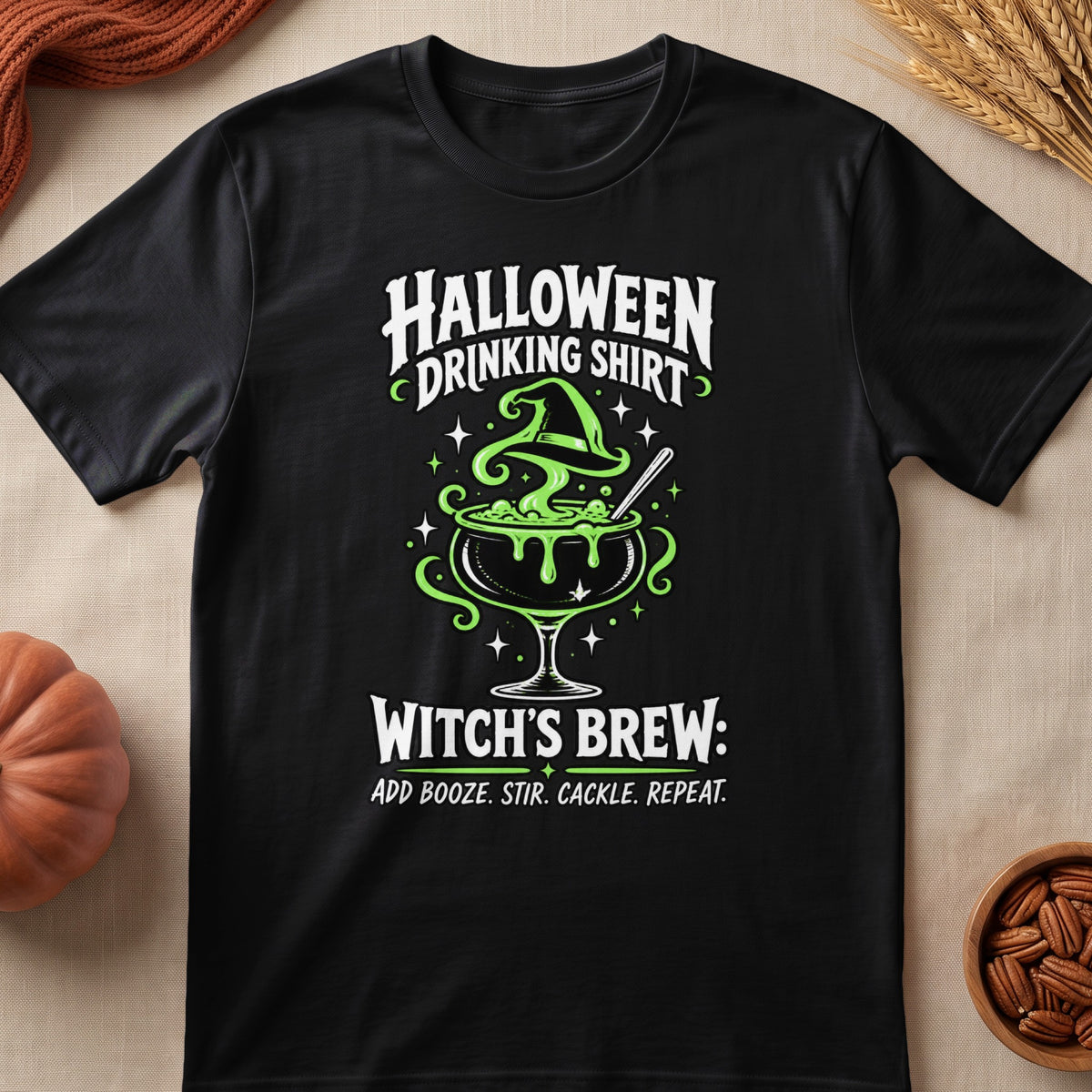 Black t-shirt with Halloween Witch's Brew graphic and text.
