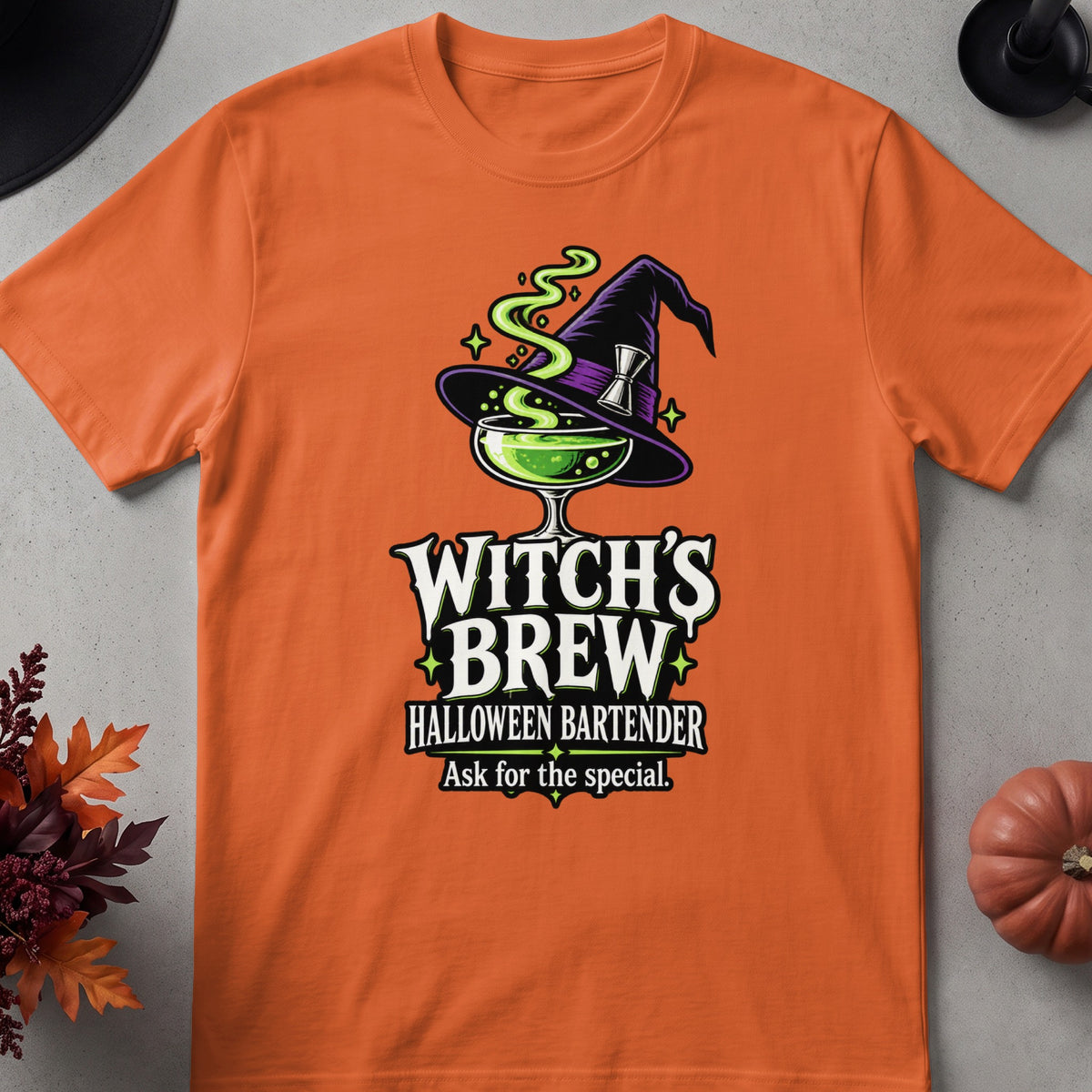 Orange t-shirt with "Witch's Brew Halloween Bartender" graphic.