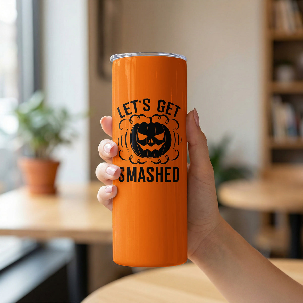 Orange tumbler with "Let's Get Smashed" and a jack-o'-lantern graphic.