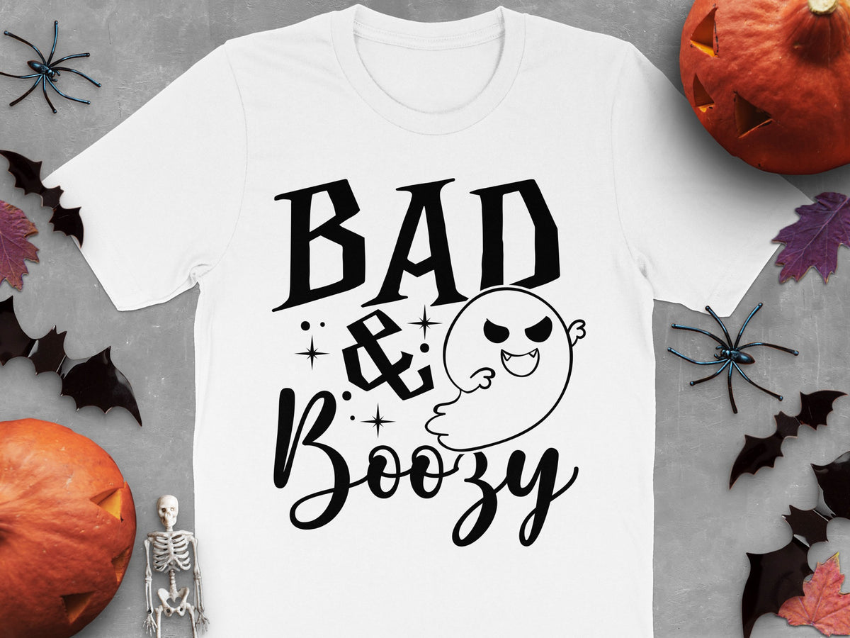White t-shirt with "BAD & Boozy" text and a cartoon ghost.