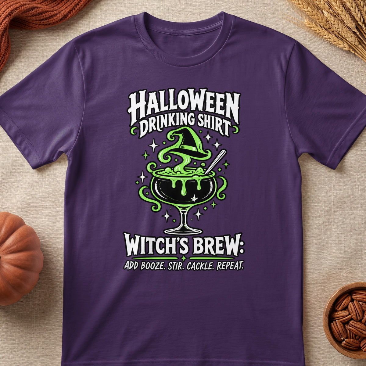 Purple t-shirt with "Halloween Drinking Shirt Witch's Brew" graphic and text.