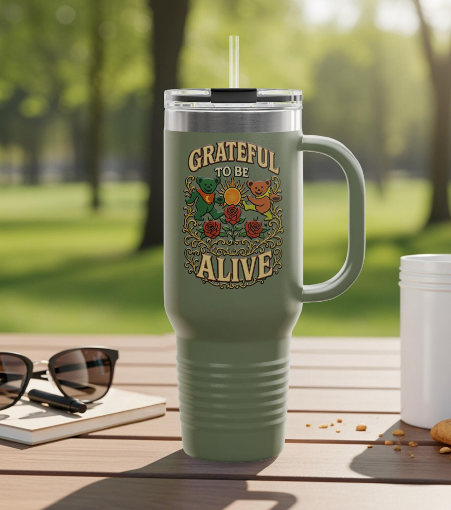 Grateful To Be Alive tumbler in Army Green - outdoor lifestyle mockup