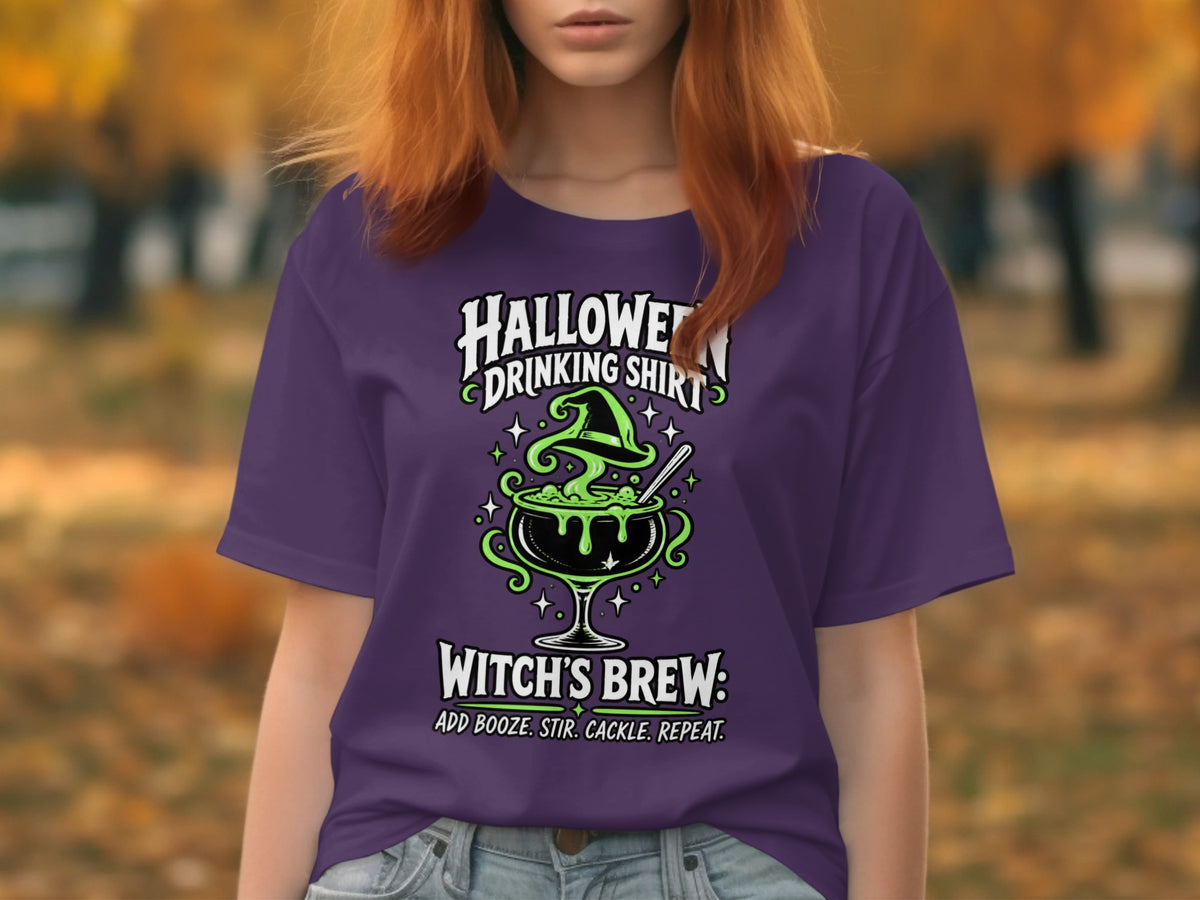 Purple t-shirt with "Halloween Drinking Shirt" and "Witch's Brew" graphic.