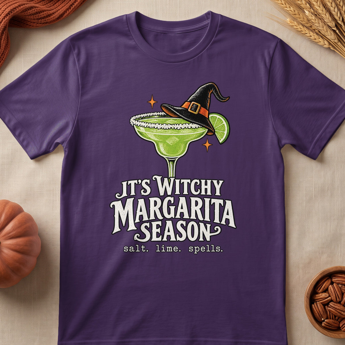 Purple t-shirt with "It's Witchy Margarita Season" text and a witch hat margarita graphic.