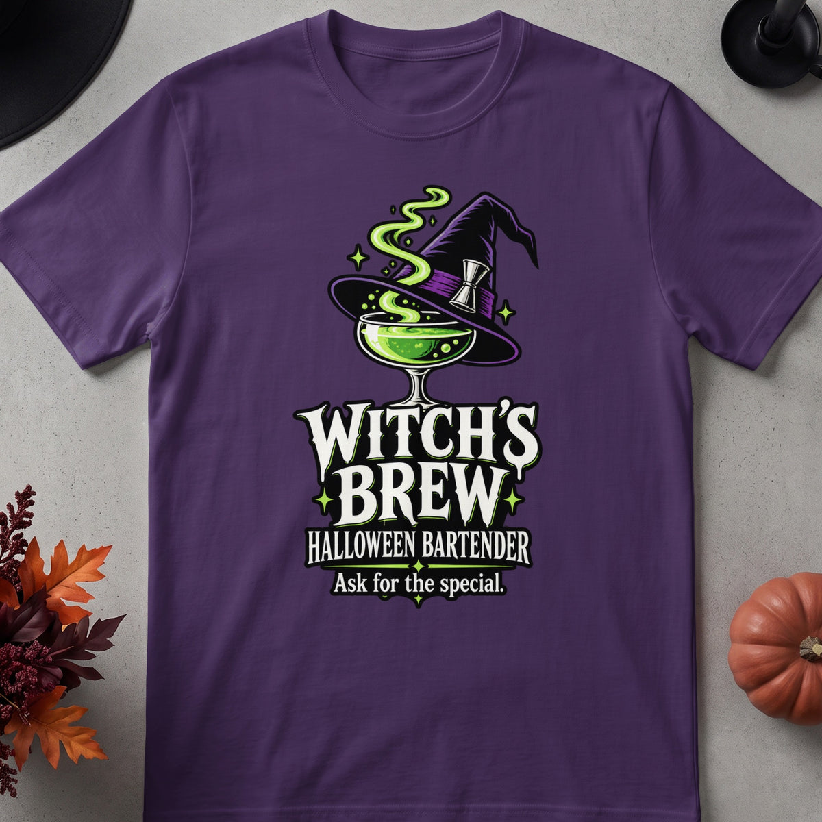 Purple t-shirt with Witch's Brew Halloween Bartender graphic.